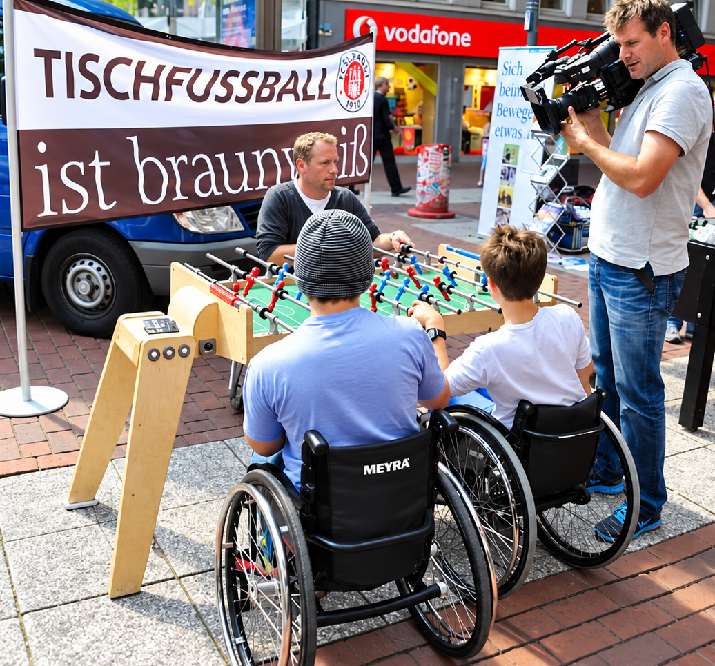 Zwei Rollstuhlnutzende spielen gemeinsam Tischfußball bei einer öffentlichen Aktion