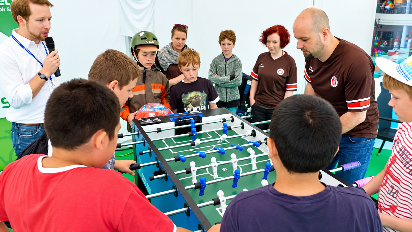 Teilnehmende spielen Tischfußball bei einem moderierten Event